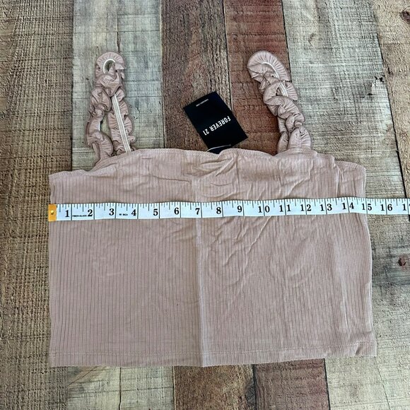 Forever 21 tan taupe knit cropped tank top with ruffle sleeves women's Large NWT - Picture 6 of 7